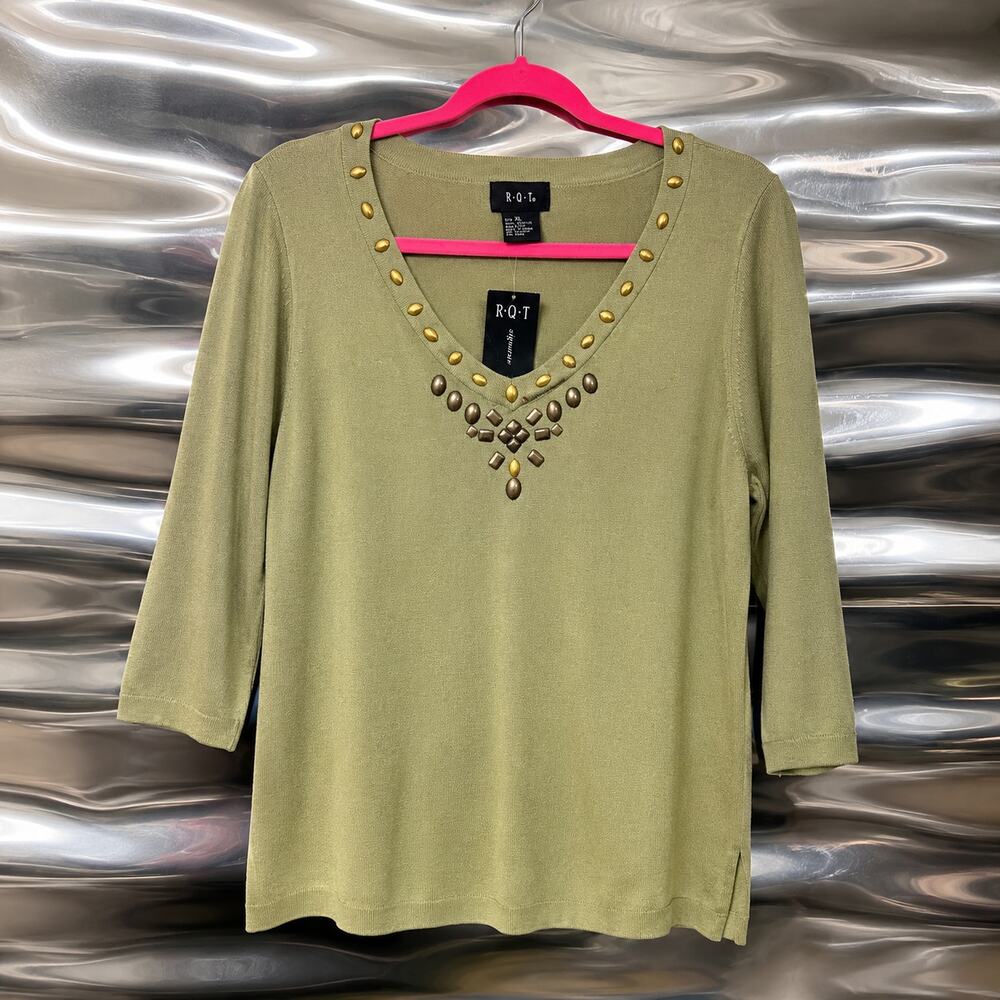 R·Q·T Embellished Olive Green Studded Knit Top XL